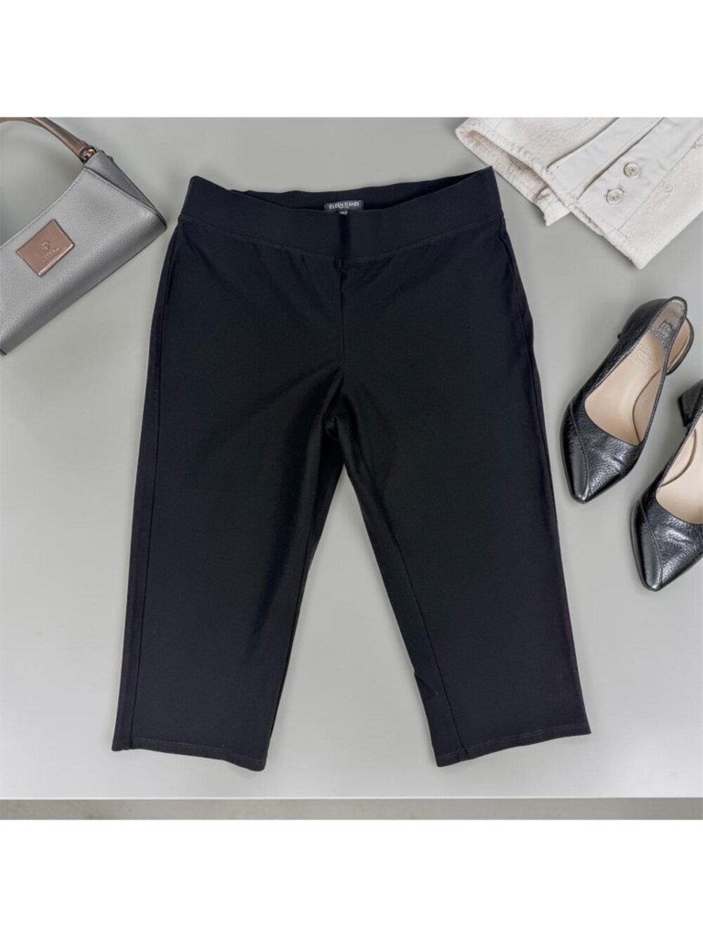 Eileen Fisher Petite PM Black Pull On Cropped Pants Women Stretch Career Casual